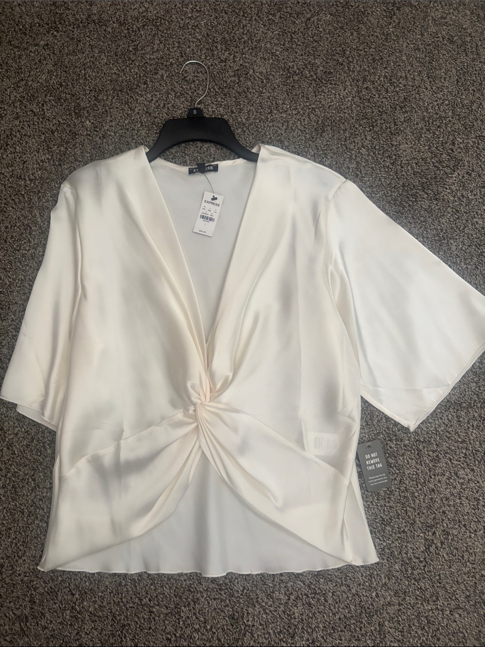 Express Cream Satin Twist-Front V-Neck Blouse